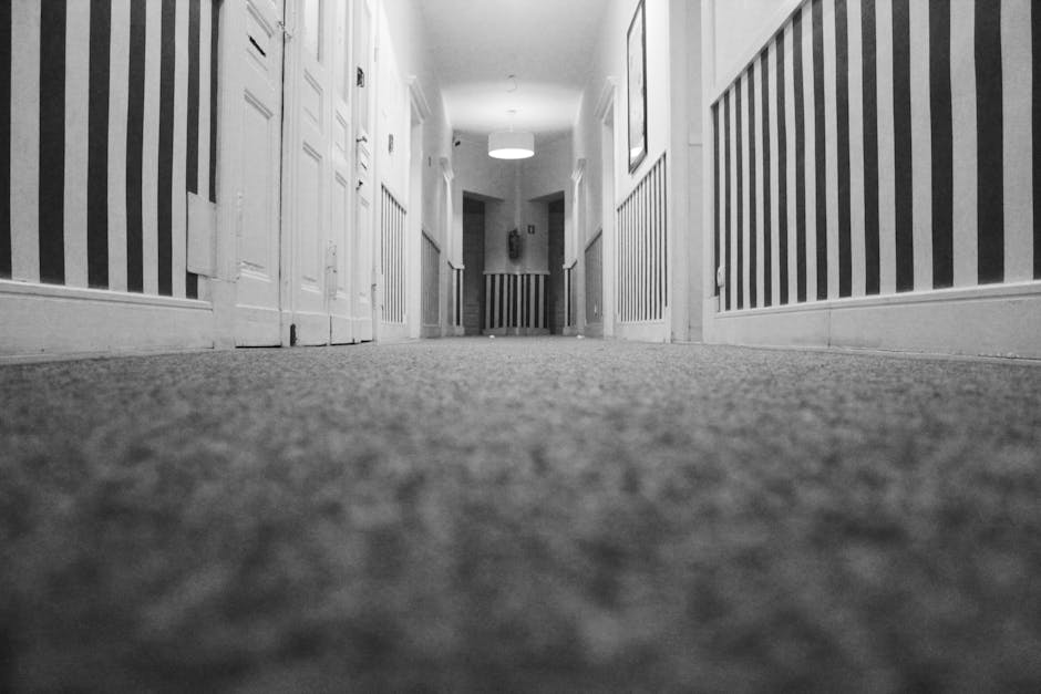 A low-angle view of a hallway with a textured carpet floor, displaying a clean and well-maintained surface. The hallway features white wooden paneling along the walls and a series of closed white door